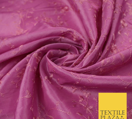 Pink Faux Silk Taffeta with Vine Flower Thread work Embroidery Fabric 59" 10386
