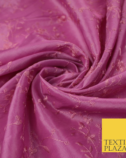 Pink Faux Silk Taffeta with Vine Flower Thread work Embroidery Fabric 59" 10386
