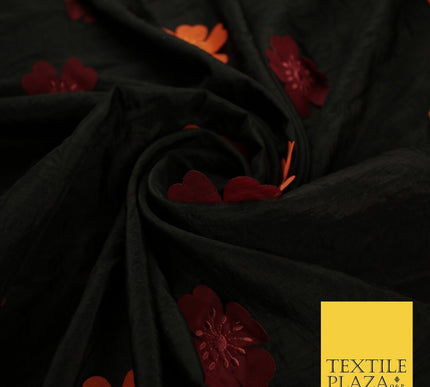 Black Faux Silk Taffeta with Orange Wine Applique Flowers Dress Fabric 56" 10385