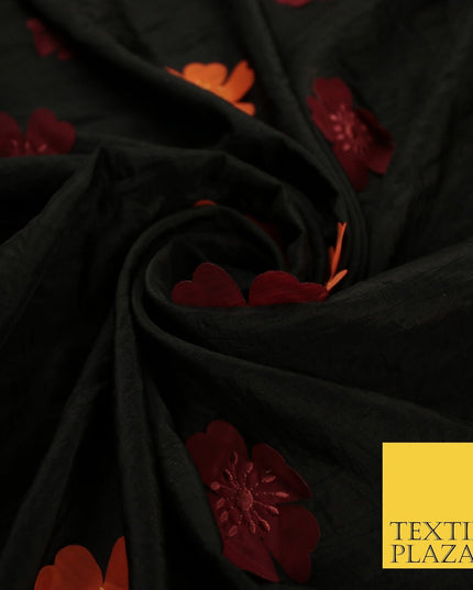 Black Faux Silk Taffeta with Orange Wine Applique Flowers Dress Fabric 56" 10385