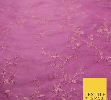Pink Faux Silk Taffeta with Vine Flower Thread work Embroidery Fabric 59" 10386