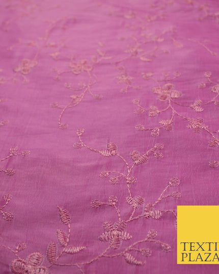 Pink Faux Silk Taffeta with Vine Flower Thread work Embroidery Fabric 59" 10386
