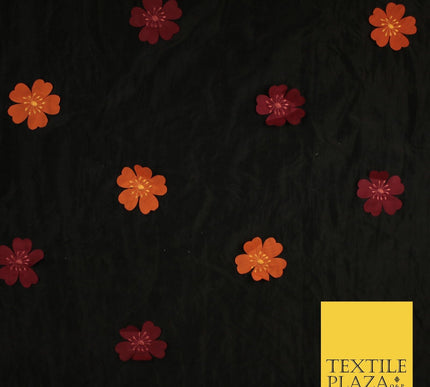 Black Faux Silk Taffeta with Orange Wine Applique Flowers Dress Fabric 56" 10385
