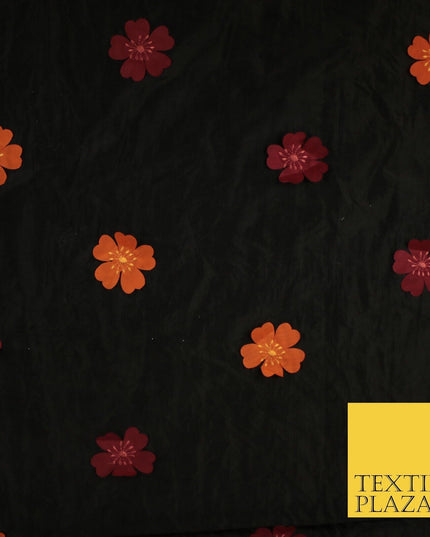 Black Faux Silk Taffeta with Orange Wine Applique Flowers Dress Fabric 56" 10385