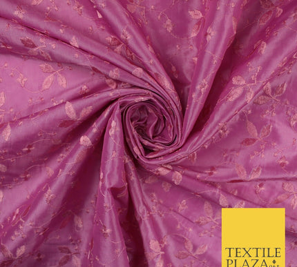 Pink Faux Silk Taffeta with Vine Leaf Thread work Embroidery Fabric 59" 10388
