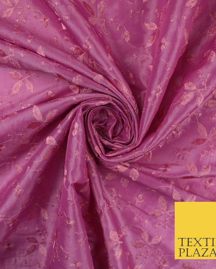 Pink Faux Silk Taffeta with Vine Leaf Thread work Embroidery Fabric 59" 10388