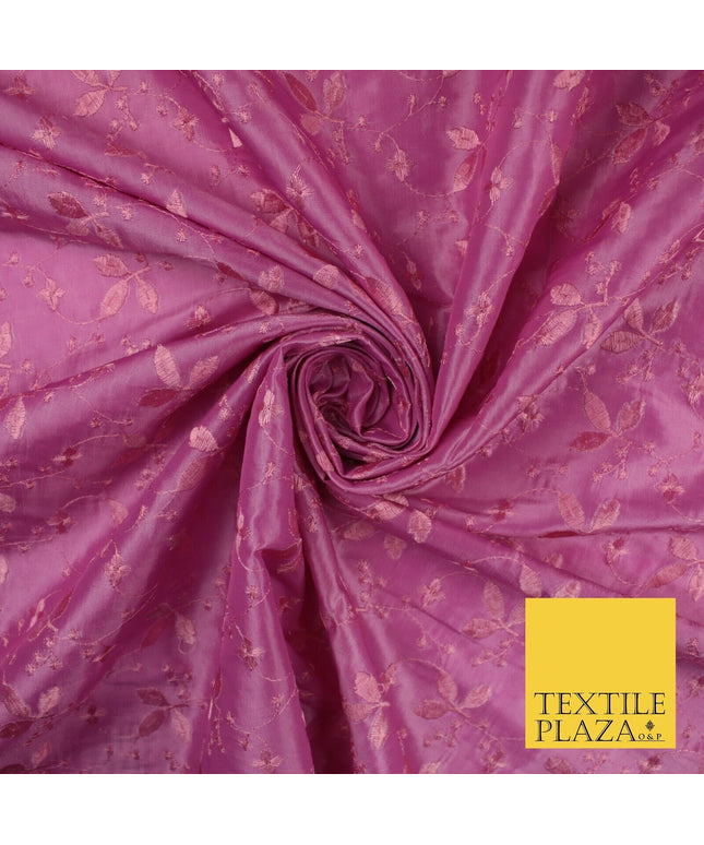 Pink Faux Silk Taffeta with Vine Leaf Thread work Embroidery Fabric 59" 10388