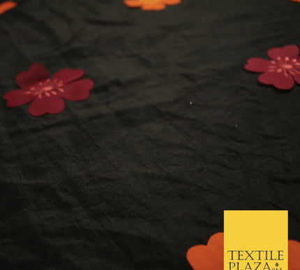 Black Faux Silk Taffeta with Orange Wine Applique Flowers Dress Fabric 56" 10385