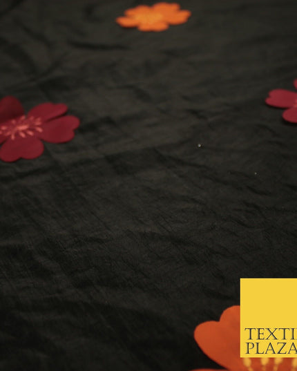 Black Faux Silk Taffeta with Orange Wine Applique Flowers Dress Fabric 56" 10385