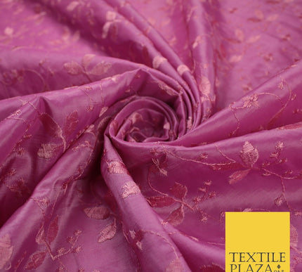 Pink Faux Silk Taffeta with Vine Leaf Thread work Embroidery Fabric 59" 10388
