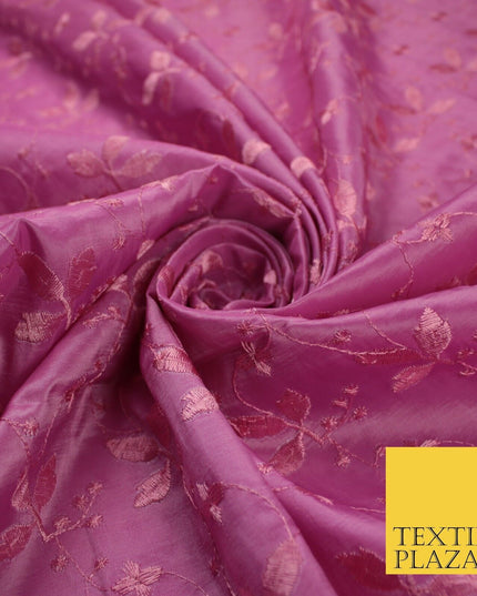 Pink Faux Silk Taffeta with Vine Leaf Thread work Embroidery Fabric 59" 10388