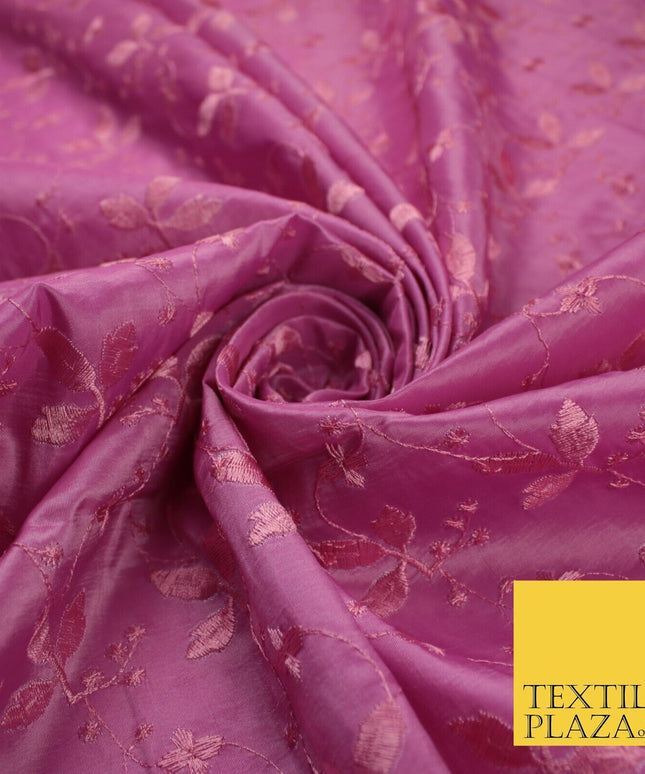 Pink Faux Silk Taffeta with Vine Leaf Thread work Embroidery Fabric 59" 10388