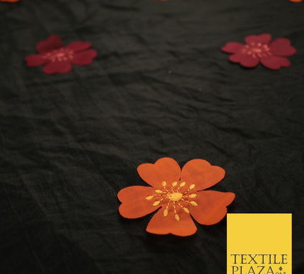 Black Faux Silk Taffeta with Orange Wine Applique Flowers Dress Fabric 56" 10385