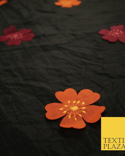 Black Faux Silk Taffeta with Orange Wine Applique Flowers Dress Fabric 56" 10385