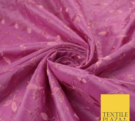 Pink Faux Silk Taffeta with Vine Leaf Thread work Embroidery Fabric 59" 10388