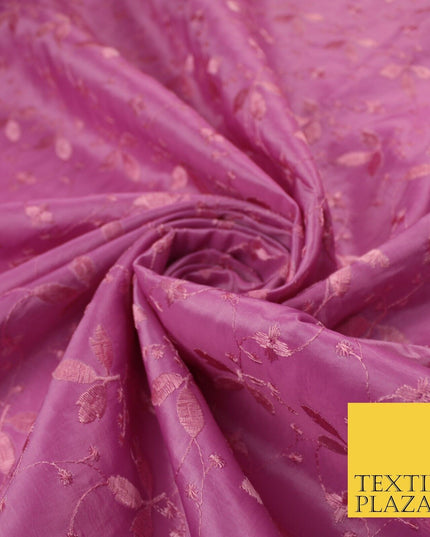 Pink Faux Silk Taffeta with Vine Leaf Thread work Embroidery Fabric 59" 10388