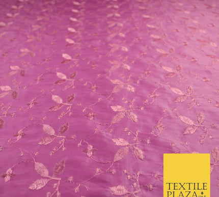 Pink Faux Silk Taffeta with Vine Leaf Thread work Embroidery Fabric 59" 10388