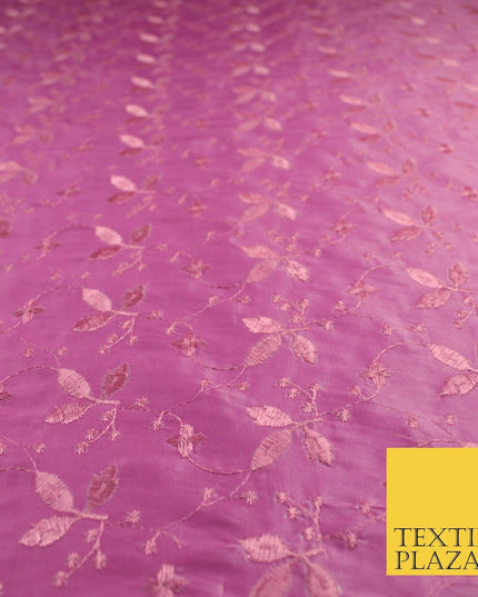 Pink Faux Silk Taffeta with Vine Leaf Thread work Embroidery Fabric 59" 10388