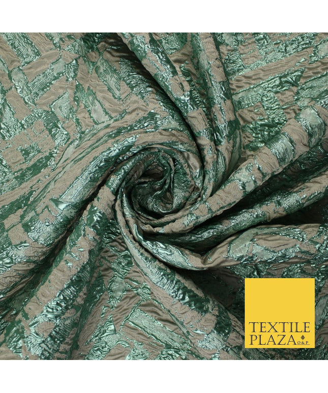 Beige & Metallic Mint Green Geometric Textured Brocade Jacquard Fabric 58" 10261