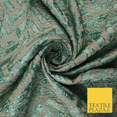 Beige & Metallic Mint Green Geometric Textured Brocade Jacquard Fabric 58" 10261