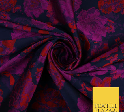 Navy Blue Base with Magenta & Red Flowers Brocade Jacquard Fabric 58" 10249