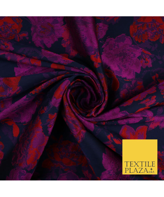 Navy Blue Base with Magenta & Red Flowers Brocade Jacquard Fabric 58" 10249
