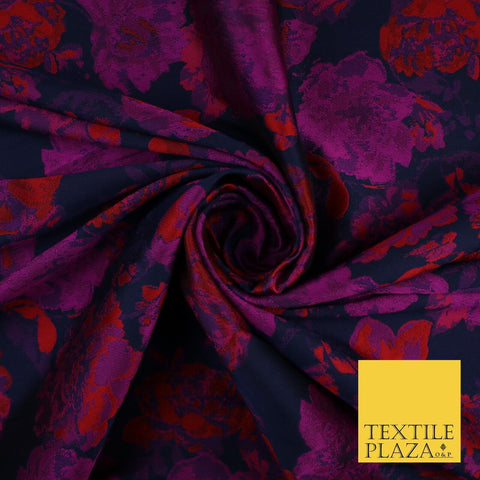 Navy Blue Base with Magenta & Red Flowers Brocade Jacquard Fabric 58" 10249