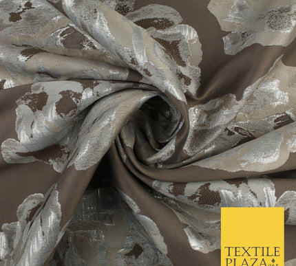Slate Grey & Silver Metallic Floral Textured Brocade Jacquard Fabric 58" 10254