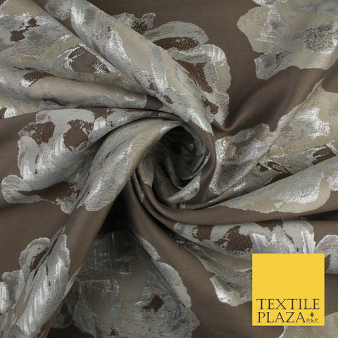 Slate Grey & Silver Metallic Floral Textured Brocade Jacquard Fabric 58" 10254