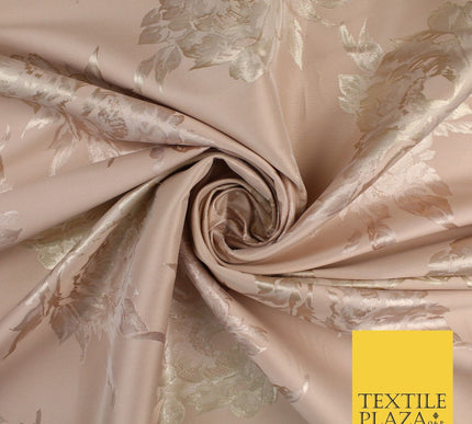 Dull Peach & Metallic Gold Floral Textured Brocade Jacquard Fabric 58" 10262