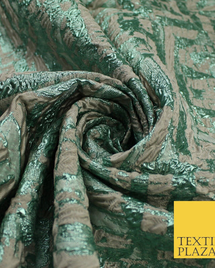 Beige & Metallic Mint Green Geometric Textured Brocade Jacquard Fabric 58" 10261