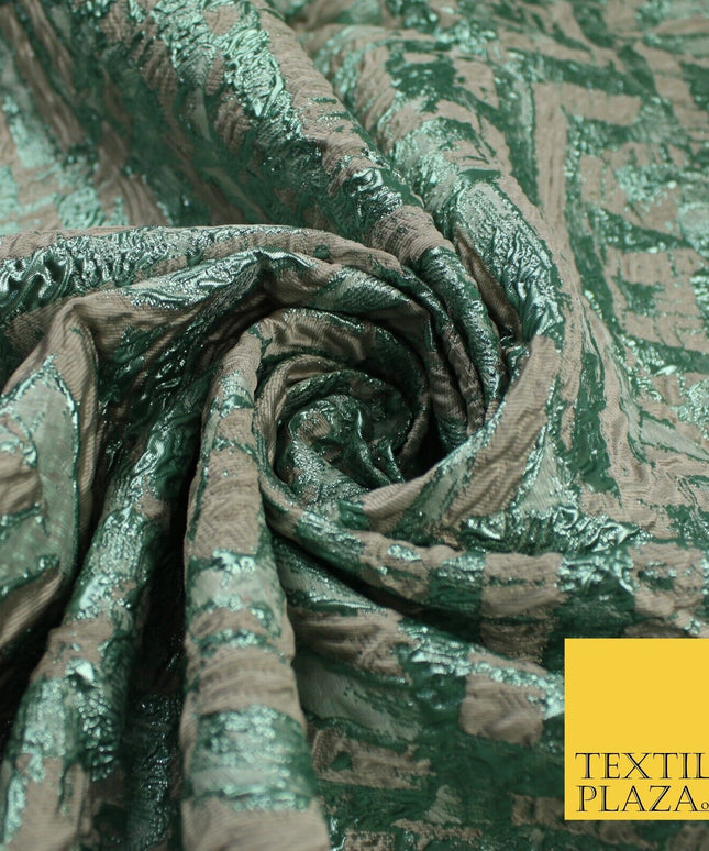 Beige & Metallic Mint Green Geometric Textured Brocade Jacquard Fabric 58" 10261