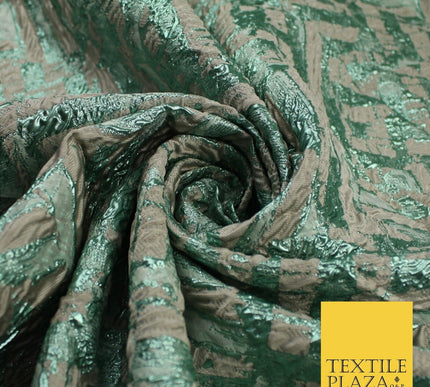 Beige & Metallic Mint Green Geometric Textured Brocade Jacquard Fabric 58" 10261