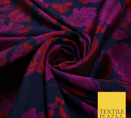 Navy Blue Base with Magenta & Red Flowers Brocade Jacquard Fabric 58" 10249