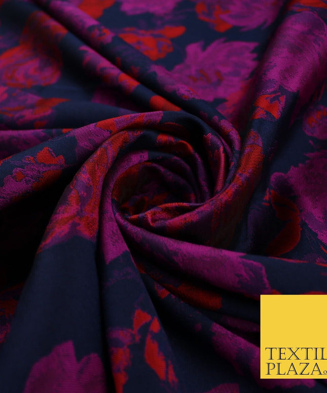 Navy Blue Base with Magenta & Red Flowers Brocade Jacquard Fabric 58" 10249