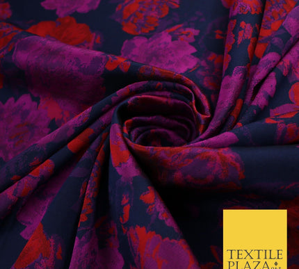 Navy Blue Base with Magenta & Red Flowers Brocade Jacquard Fabric 58" 10249
