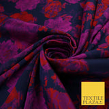 Navy Blue Base with Magenta & Red Flowers Brocade Jacquard Fabric 58" 10249