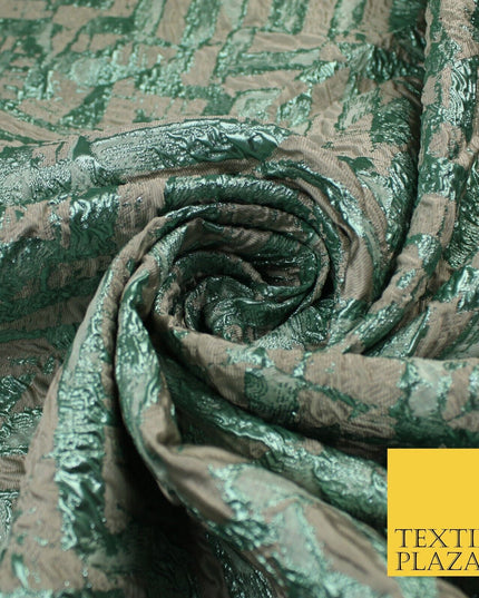 Beige & Metallic Mint Green Geometric Textured Brocade Jacquard Fabric 58" 10261