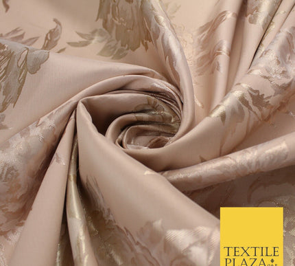 Dull Peach & Metallic Gold Floral Textured Brocade Jacquard Fabric 58" 10262