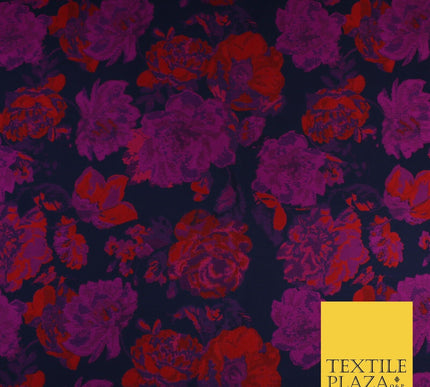 Navy Blue Base with Magenta & Red Flowers Brocade Jacquard Fabric 58" 10249