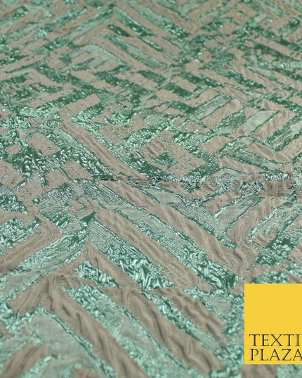 Beige & Metallic Mint Green Geometric Textured Brocade Jacquard Fabric 58" 10261