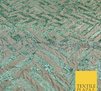 Beige & Metallic Mint Green Geometric Textured Brocade Jacquard Fabric 58" 10261