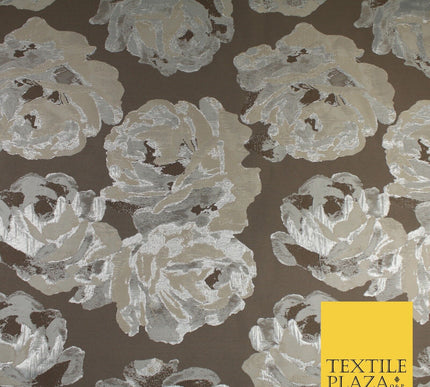 Slate Grey & Silver Metallic Floral Textured Brocade Jacquard Fabric 58" 10254