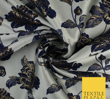 Off White & Navy Blue Floral Textured Brocade Jacquard Fabric 58" 10255