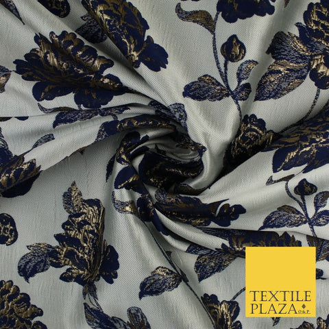 Off White & Navy Blue Floral Textured Brocade Jacquard Fabric 58" 10255