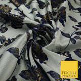 Off White & Navy Blue Floral Textured Brocade Jacquard Fabric 58" 10255
