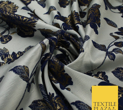 Off White & Navy Blue Floral Textured Brocade Jacquard Fabric 58" 10255