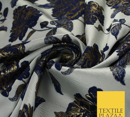 Off White & Navy Blue Floral Textured Brocade Jacquard Fabric 58" 10255