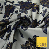 Off White & Navy Blue Floral Textured Brocade Jacquard Fabric 58" 10255