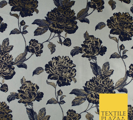 Off White & Navy Blue Floral Textured Brocade Jacquard Fabric 58" 10255